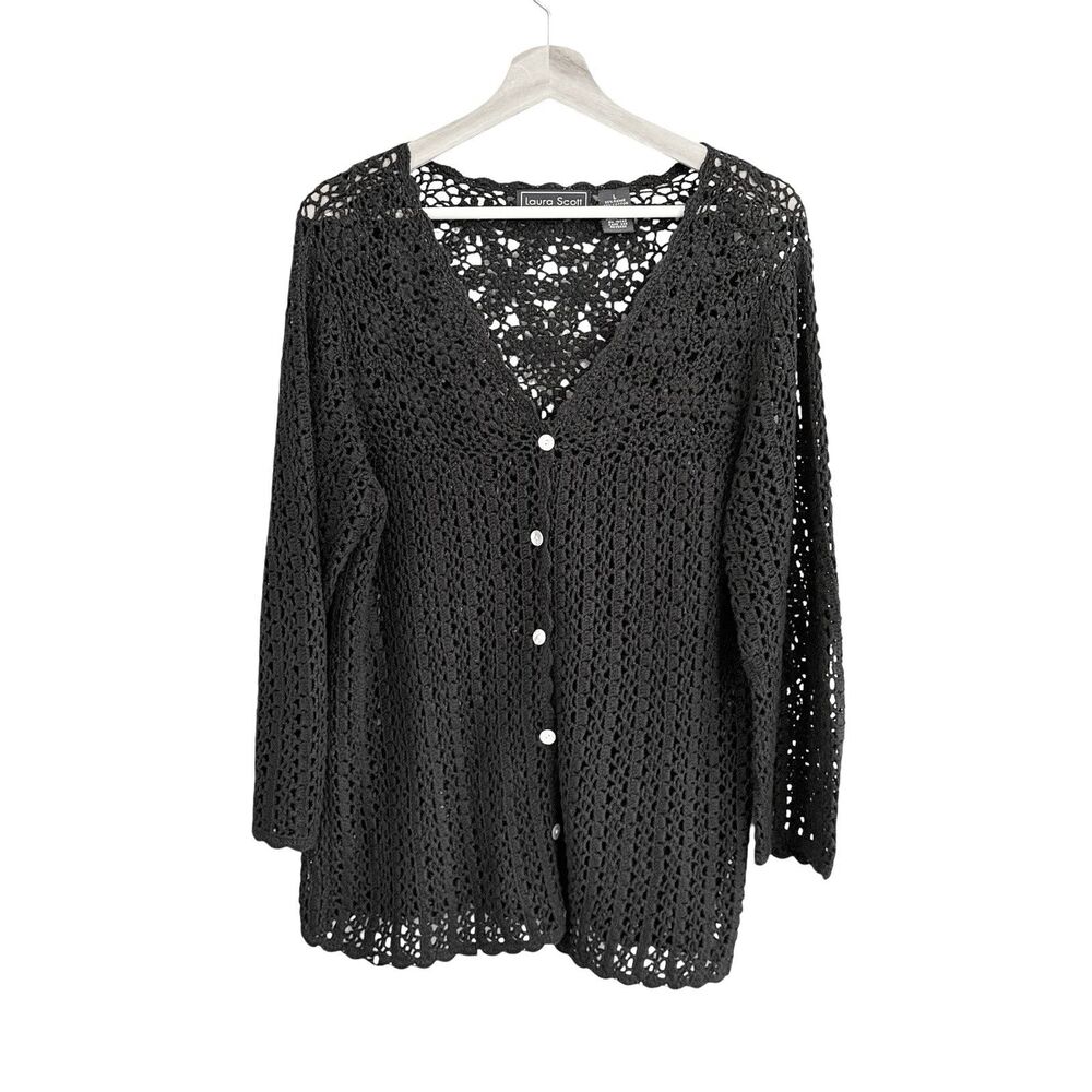 VTG Laura Scott Open Knit Crochet Boho Cardigan Size L Whimsigoth Fairy Grunge